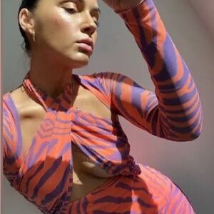 AFRM Orange and Purple Zebra Midi Dress with Cut Out